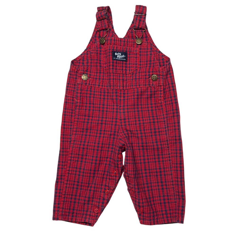 Vintage 90s Baby OshKosh B'Gosh Overalls 12M Red Blue Plaid USA‎ Made Snaps EUC
